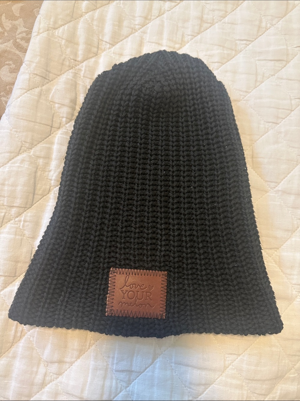 Love Your Melon Black Knit Beanie with Brown Leather Logo Patch